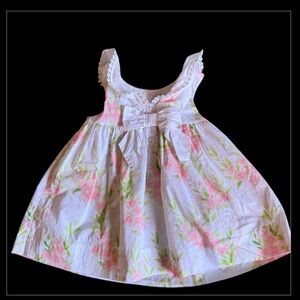 Janie and Jack White Sun Dress with Pink Floral Accents and Back Bow Baby 6-12M